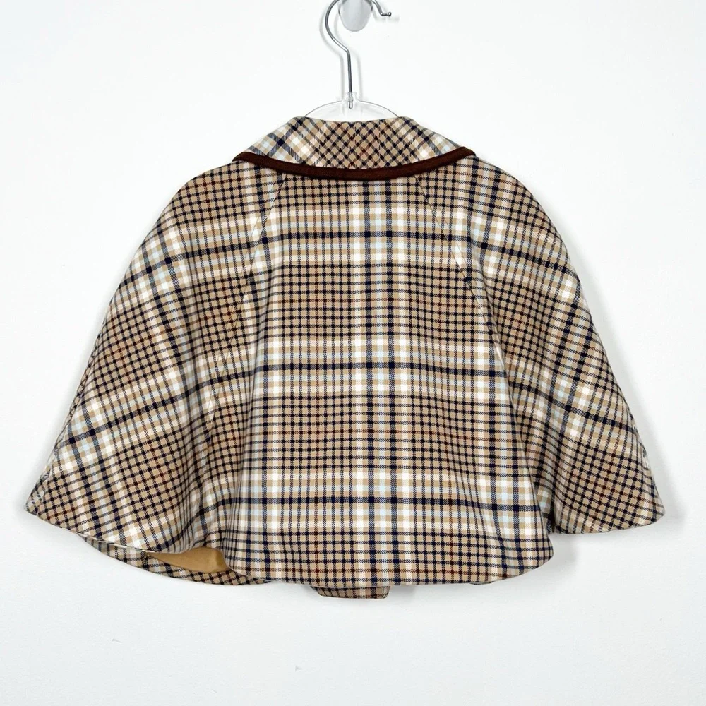 Janie and Jack Girls Size 2T Tan Plaid Cape Brown Velvet Trim Gold Buttons